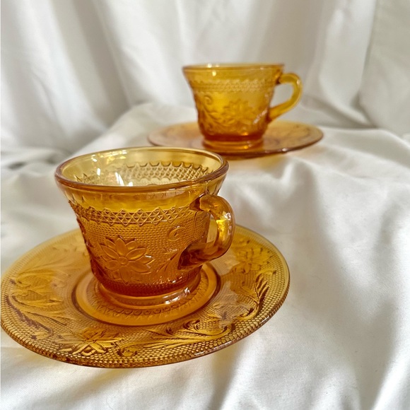 Vintage Other - ✨Gorgeous Amber Glass Teacups & Plates with Floral Design (Set of 2)